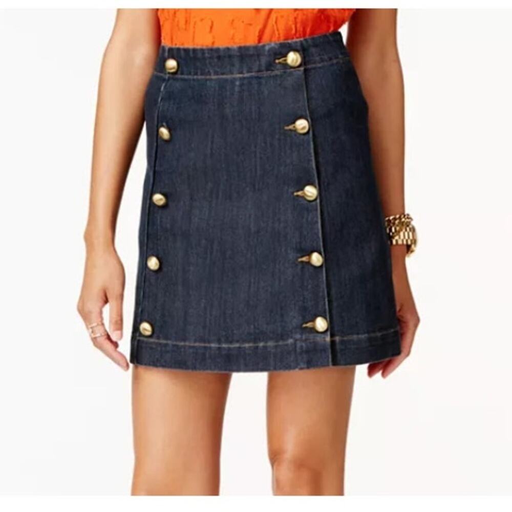 NWT MICHAEL Michel Kors Women's Blue Denim Gold Buttons Nautical Mini Skirt 8